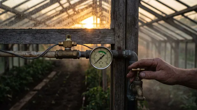 Facebook ads management services — a brass flow sensor and gauge at the base of an irrigation line — Caleb Schallert.