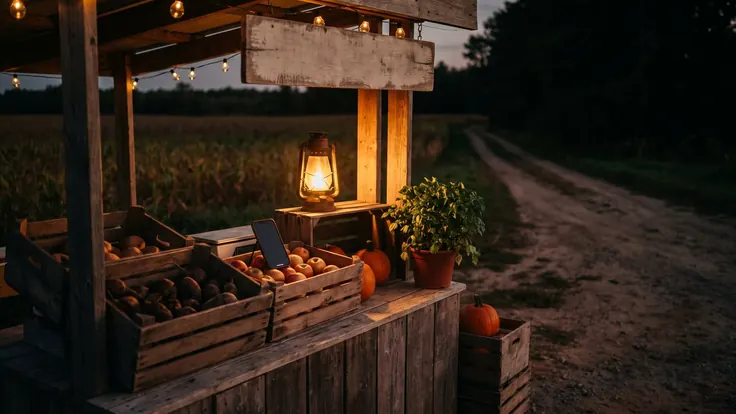 Marketing For Farms – Farm Website Design – Caleb Schallert Marketing for farms — a wooden farm stand at dusk with crates of produce, a blank hand-painted sign and a phone propped on a crate — Caleb Schallert.
