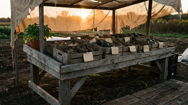 Farm Website Design – What Farm Website Design And Marketing Includes – Caleb Schallert Farm website design — a farm stand table with crates of vegetables and blank price tags at dusk — Caleb Schallert.