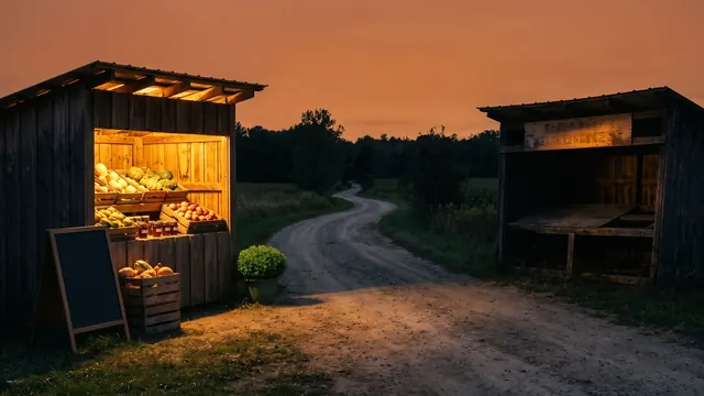 Farm Website Design – Who This Is For, And What Changes Either Way – Caleb Schallert Farm website design — one lit, full farm stand across the road from a dark, empty one at dusk — Caleb Schallert.