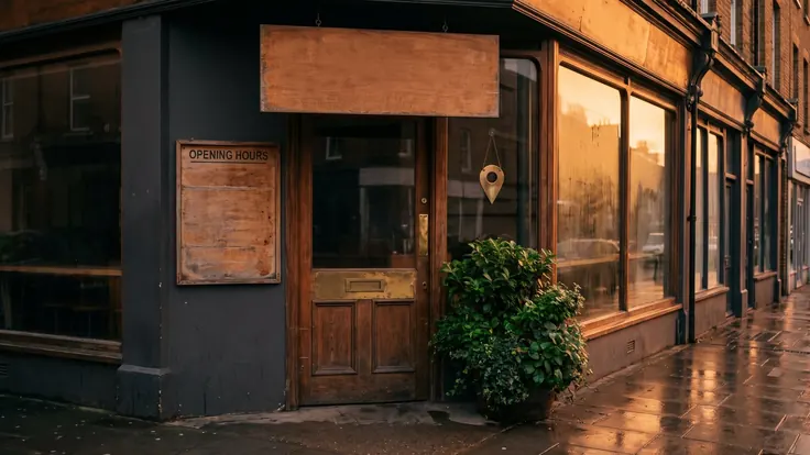 Google Business Profile Optimization – Gbp Optimization – Caleb Schallert Google Business Profile optimization — a corner shop front at dusk with a blank sign, an hours board, a full planter and a brass map pin in the window — Caleb Schallert.