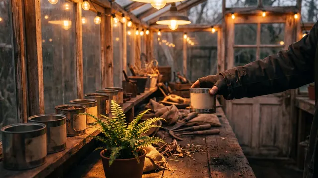 Google Business Profile Optimization – How I Deliver It, Step By Step – Caleb Schallert Google business profile optimization — a row of labeled tins on a greenhouse bench being filled in order at dusk — Caleb Schallert.