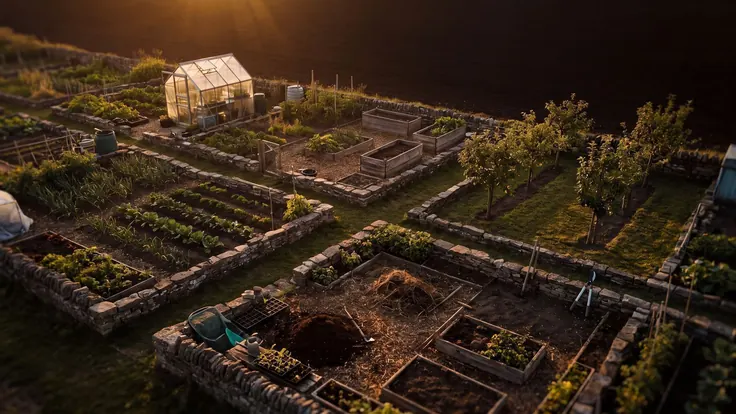 Industries we serve — an aerial patchwork of small garden plots at dusk, each grown differently and divided by low stone borders — Caleb Schallert.