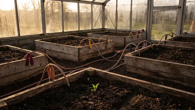 International SEO services — six irrigation lines tagged with coloured ribbons running to six beds — Caleb Schallert.