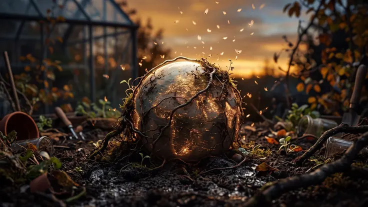 International SEO services — a glowing globe half sunk in soil and wrapped in roots, small seed-like motes of light drifting off it into a dusk sky — Caleb Schallert.
