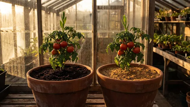 International SEO services — the same tomato variety in two different soils side by side, both healthy — Caleb Schallert.
