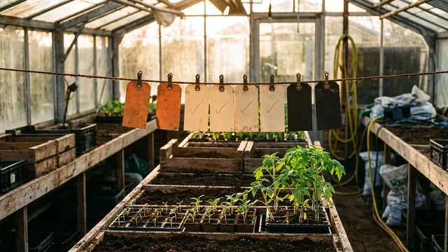Internet Marketing Service – How Delivery Actually Works, Month To Month – Caleb Schallert Internet marketing service — blank tags on a wire, four ticked, seedlings maturing beneath them — Caleb Schallert.