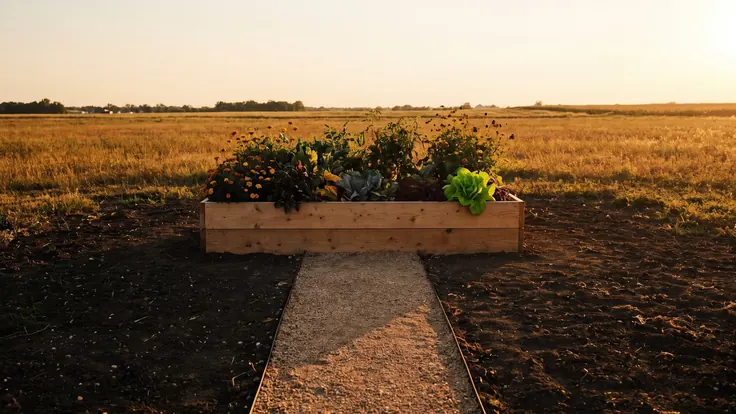Landing page design services — a single raised bed alone in a wide field with one straight gravel path leading directly to it — Caleb Schallert.