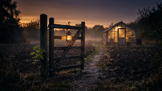 Landing page design services — a single lit garden gate standing alone in a dusk field — Caleb Schallert.