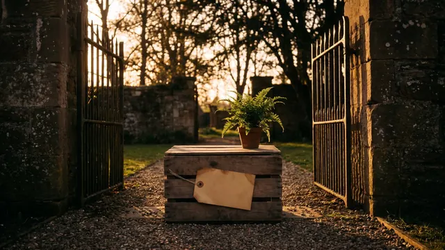 Lead generation services — one clean crate with a blank tag inside an open gate on a straight path — Caleb Schallert.