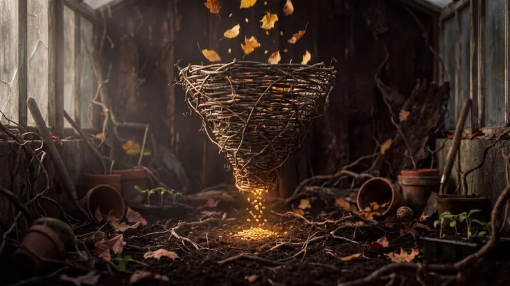 Lead generation services — a funnel woven from branches catching drifting autumn leaves that turn to glowing gold seed at its narrow end — Caleb Schallert.