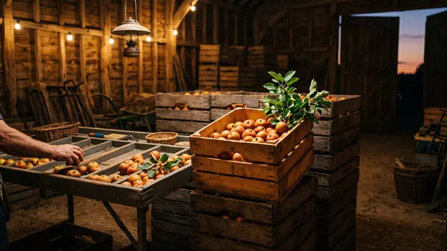 Lead generation services — harvest crates stacked beside a grading table where a hand sorts fruit by size — Caleb Schallert.