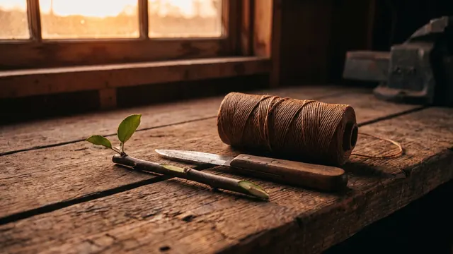 Link building services — a grafting knife, waxed twine and a cut scion on a clean bench — Caleb Schallert.