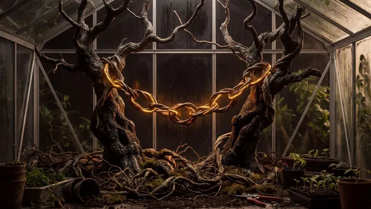 Link building services — two gnarled trees standing close together, their branches twisted into chain-link shapes with gold light traveling along the vine — Caleb Schallert.