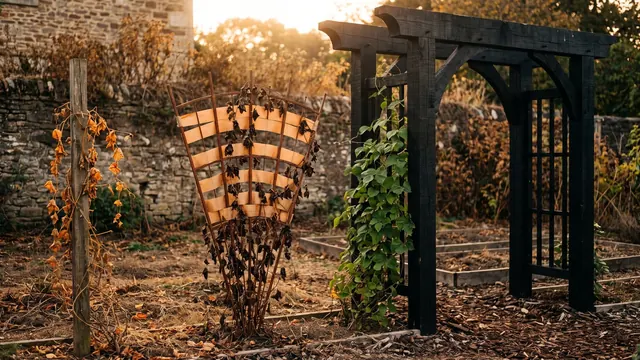 Link building services — three trellis styles side by side: a single stake, a fan, and a shared arch between plots — Caleb Schallert.