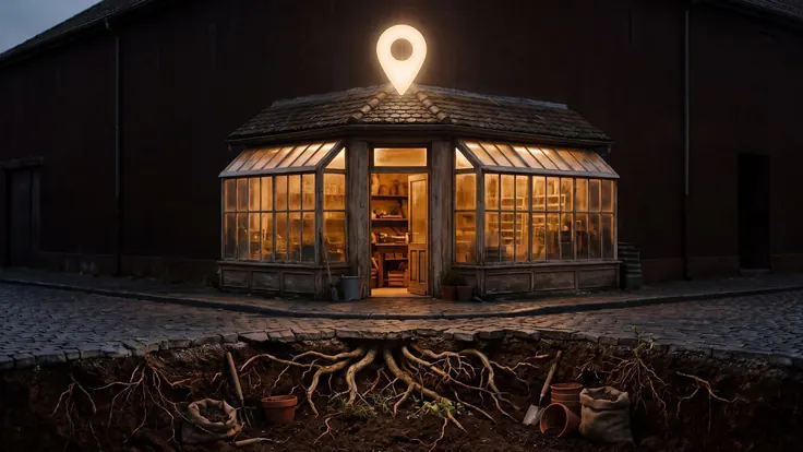 Local SEO Services – Local SEO – Caleb Schallert Local SEO services — a small corner storefront glowing warm at dusk with a gold map-pin light above its roof, roots reaching under the pavement — Caleb Schallert.