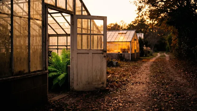 Local SEO Services – Local SEO Strategy And Growing Beyond One City – Caleb Schallert Local SEO services — a greenhouse door open onto a lane, a second greenhouse lit further down — Caleb Schallert.