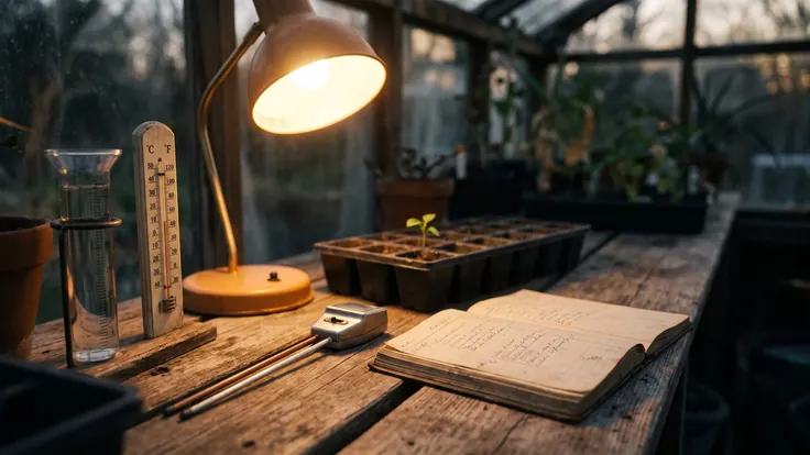 Marketing Analytics Services – Marketing Reporting – Caleb Schallert Marketing analytics services — a rain gauge, a thermometer, a moisture meter and a handwritten ledger laid in a row on a greenhouse bench — Caleb Schallert.