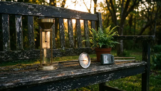 Marketing Analytics Services – What Marketing Analytics Services Means When The Numbers Are The Whole Point – Caleb Schallert Marketing analytics services — a row of real garden measuring instruments with visible dial readings at dusk — Caleb Schallert.