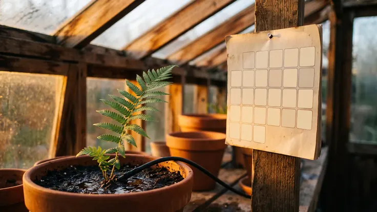 Marketing Automation Services – Marketing Automation – Caleb Schallert Marketing automation services — a row of clay pots on a timer-fed drip line with a paper calendar pinned to a post — Caleb Schallert.