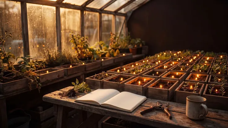 Marketing blog — a wide greenhouse filled with small garden beds each glowing a different warm color, a notebook open on the bench in front — Caleb Schallert.
