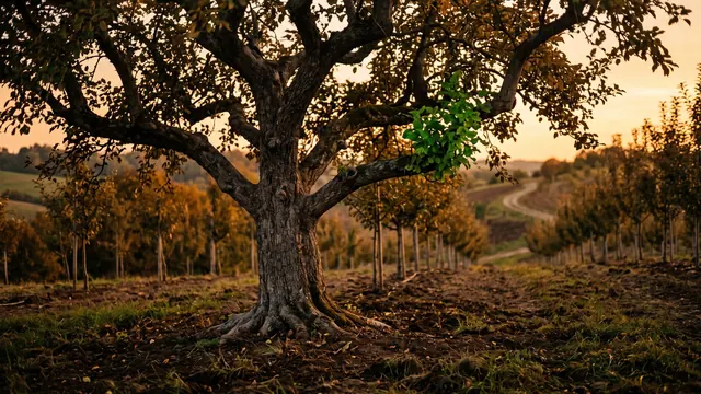 National SEO services — a mature orchard tree with its root flare showing, smaller trees in rows behind — Caleb Schallert.