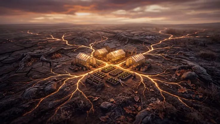 National SEO services — an aerial view of gold root veins spreading from a central garden across dark, map-like terrain toward every horizon — Caleb Schallert.