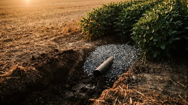 National SEO services — a field drain uncovered at the edge of a crop, clean gravel and pipe under healthy rows — Caleb Schallert.