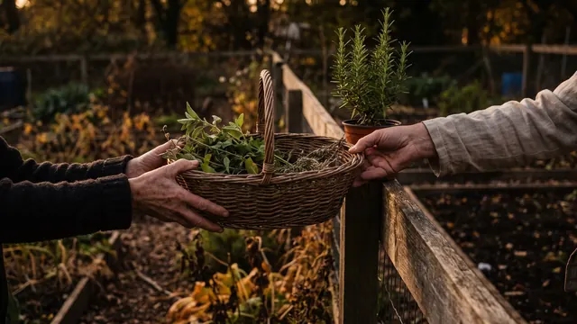Off Page SEO Services – How I Deliver It – Caleb Schallert Off page SEO services — a basket of cuttings handed over a low fence between two plots, hands only — Caleb Schallert.