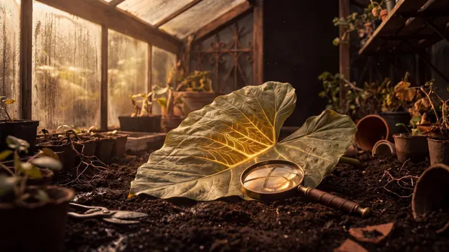 On-page SEO factors mapped out like the veins of a single glowing leaf laid open on the soil.