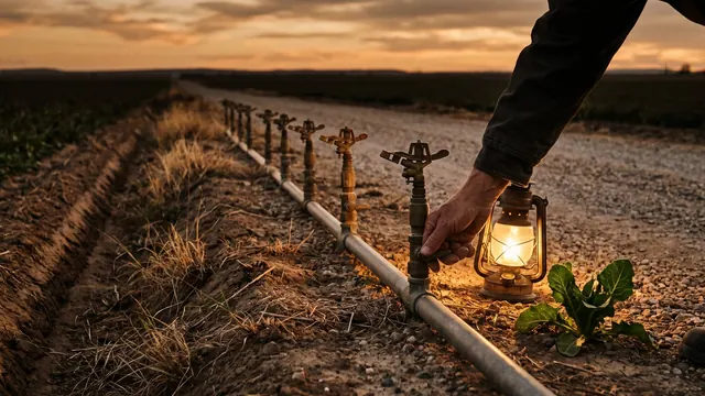 PPC Management Services – How I Deliver It, And Who It Fits – Caleb Schallert PPC management services — seven sprinkler heads along a row, one being adjusted by lantern light — Caleb Schallert.
