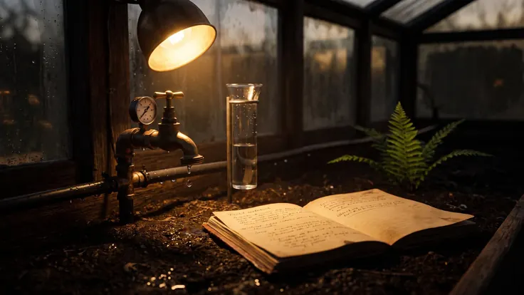 PPC Management Services – PPC Agency – Caleb Schallert PPC management services — a brass tap and pressure gauge on a drip line, a rain gauge half full and an open notebook of readings — Caleb Schallert.