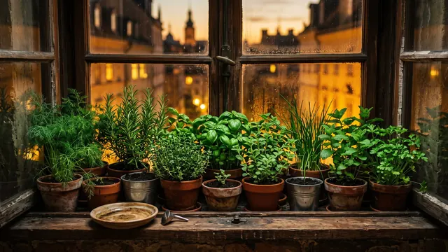 Responsive web design services — a narrow windowsill herb garden thriving on a tight ledge at dusk — Caleb Schallert.