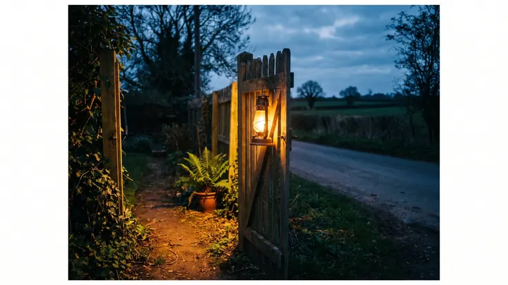 Retargeting Services – Remarketing – Caleb Schallert Retargeting services — a garden gate left open with a lit brass lantern on it, the path inside warmly lit and the road outside in blue dusk — Caleb Schallert.