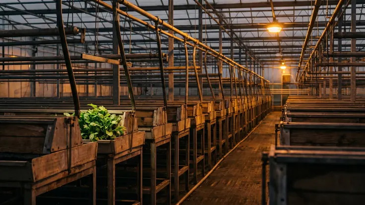 SaaS Development Services – SaaS Development Company – Caleb Schallert SaaS development services — a long commercial greenhouse of identical planting modules in neat rows, all fed by one system — Caleb Schallert.