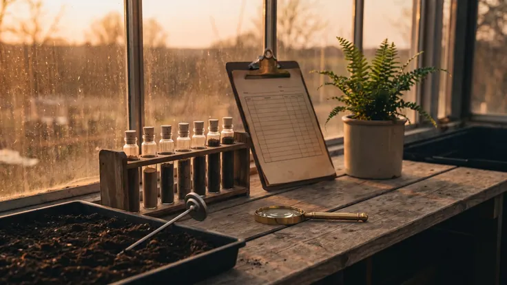 SEO Audit Services – Website SEO Audit – Caleb Schallert SEO audit services — a soil sample kit of glass vials in a wooden rack with a brass magnifying glass, a probe thermometer and a clipboard — Caleb Schallert.