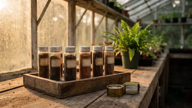 SEO Audit Services – What's Included In A Deep SEO Audit – Caleb Schallert SEO audit services — six labeled soil-sample vials from different parts of one garden on a wooden tray — Caleb Schallert.