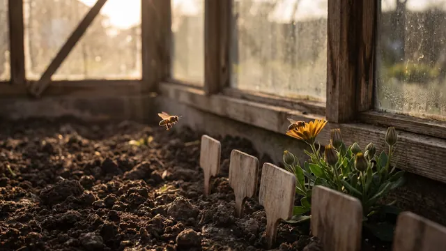 SEO basics — a bee moving through three garden beds, from open soil to a row of buds to one open flower — Caleb Schallert.