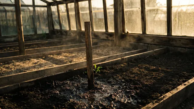 SEO basics — one row freshly watered and staked among four still-dry rows — Caleb Schallert.