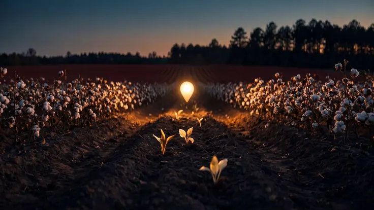 SEO company Alabama — furrowed red-clay farmland with open cotton bolls catching late light, a low pine ridge on the horizon, near Alabama — Caleb Schallert.