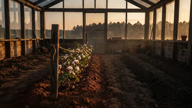 SEO company Alabama — a garden path forking into three rows, the nearest one staked and growing like Alabama's own red-clay cotton ground — Caleb Schallert.