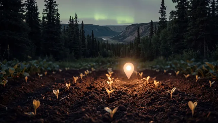 SEO company Alaska — black spruce taiga opening onto a glacier-carved valley, a faint aurora-green glow low in the sky, near Alaska — Caleb Schallert.