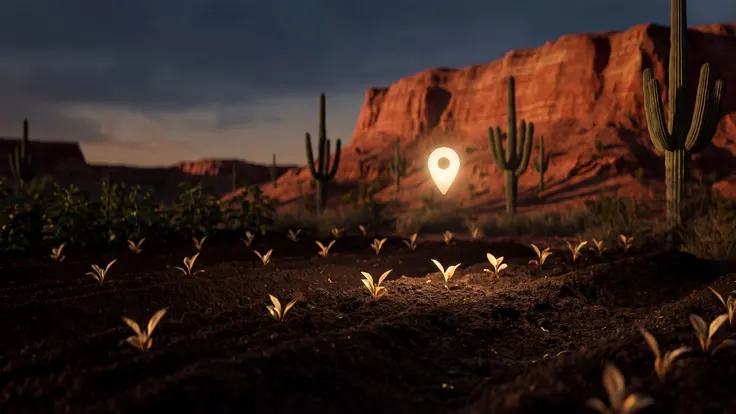 SEO company Arizona — a stand of saguaro cacti on a sunset-red sandstone mesa, long desert shadows, near Arizona — Caleb Schallert.