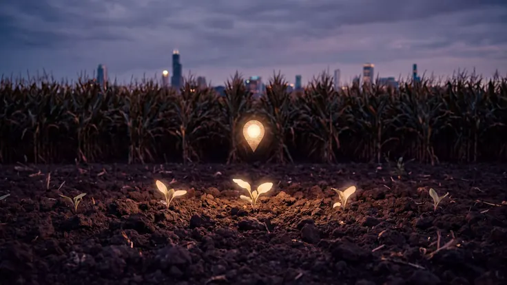 SEO company Illinois — corn rows running to a distant, softly glowing Chicago skyline silhouette, near Illinois — Caleb Schallert.