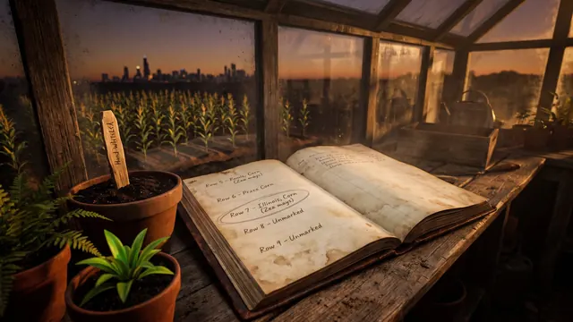 SEO company Illinois — a garden ledger with one row circled and staked, its soil like Illinois's own corn rows to the Chicago skyline — Caleb Schallert.