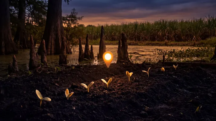 SEO Company Louisiana – Digital Marketing Agency Louisiana – Caleb Schallert SEO company Louisiana — cypress knees rising from bayou water beside a sugarcane field, near Louisiana — Caleb Schallert.