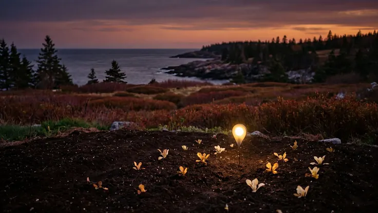 SEO company Maine — wild blueberry barrens turning red above a rocky, pine-lined coastline, near Maine — Caleb Schallert.