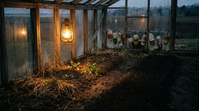 SEO company Maryland — one lit garden row beside two unlit ones, its soil like Maryland's own Chesapeake marsh grass — Caleb Schallert.