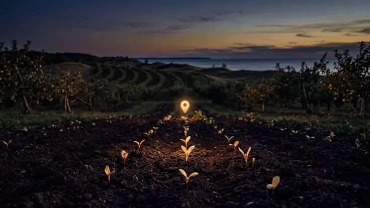 SEO Company Michigan – Digital Marketing Agency Michigan – Caleb Schallert SEO company Michigan — apple orchard rows above a Great Lakes dune shoreline at dusk, near Michigan — Caleb Schallert.