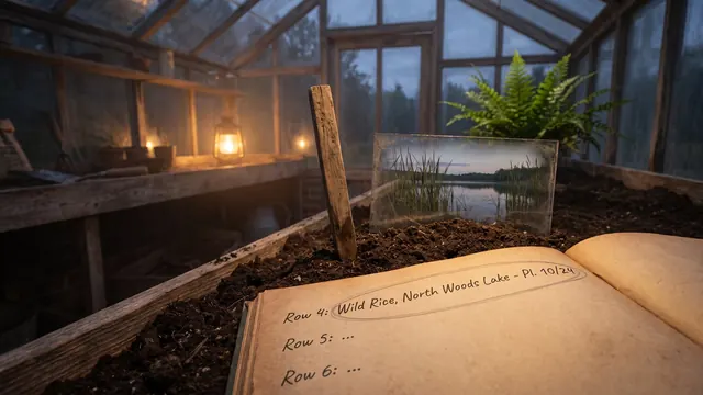 SEO company Minnesota — a garden ledger with one row circled and staked, its soil like Minnesota's own wild rice marsh on a north-woods lake — Caleb Schallert.